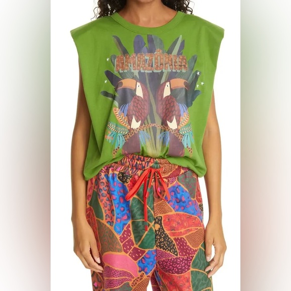 Farm Rio Amazonia Cotton Graphic Muscle Tee Print Muscle T-Shirt Size XS Green - Picture 1 of 14